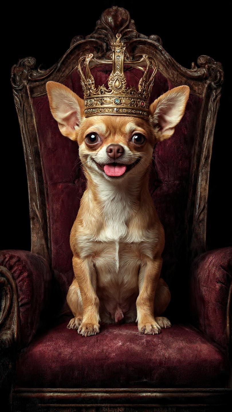 Chihuahua Sitting On The Throne In A Crown