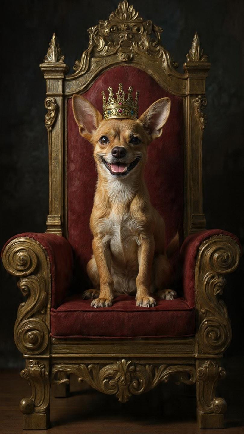 Chihuahua Sitting On The Throne In A Crown