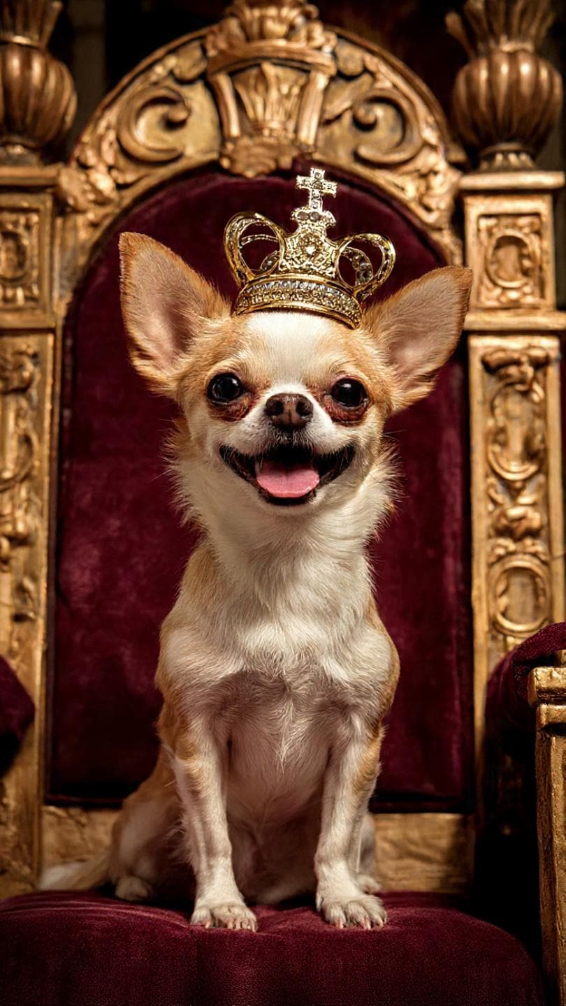 Chihuahua Sitting On The Throne In A Crown